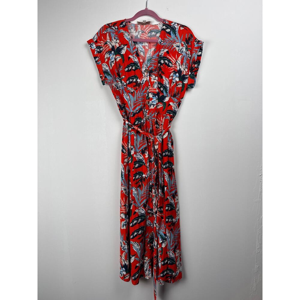 LOFT Sz.4 Red Floral Tropical Midi Dress Belted Waist Tie